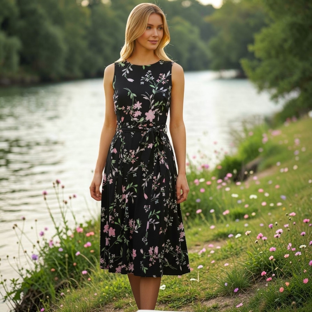 Anne Klein Dress Pink Black Midi Stretch Belt Dress Size 4